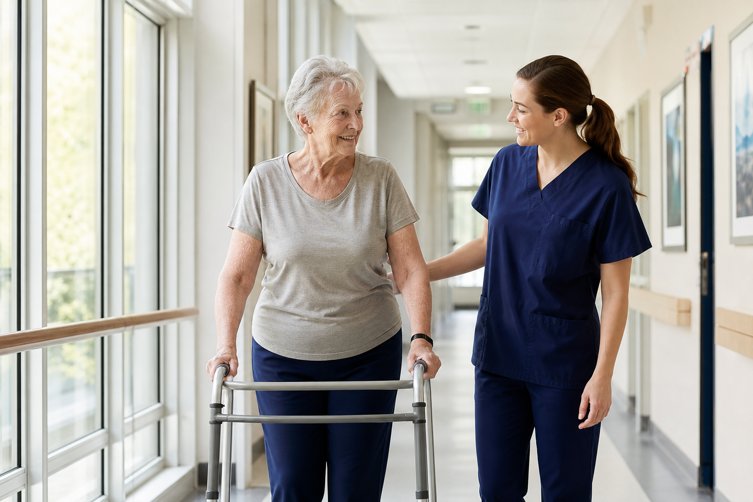 Older adult walking with a frame beside a clinician