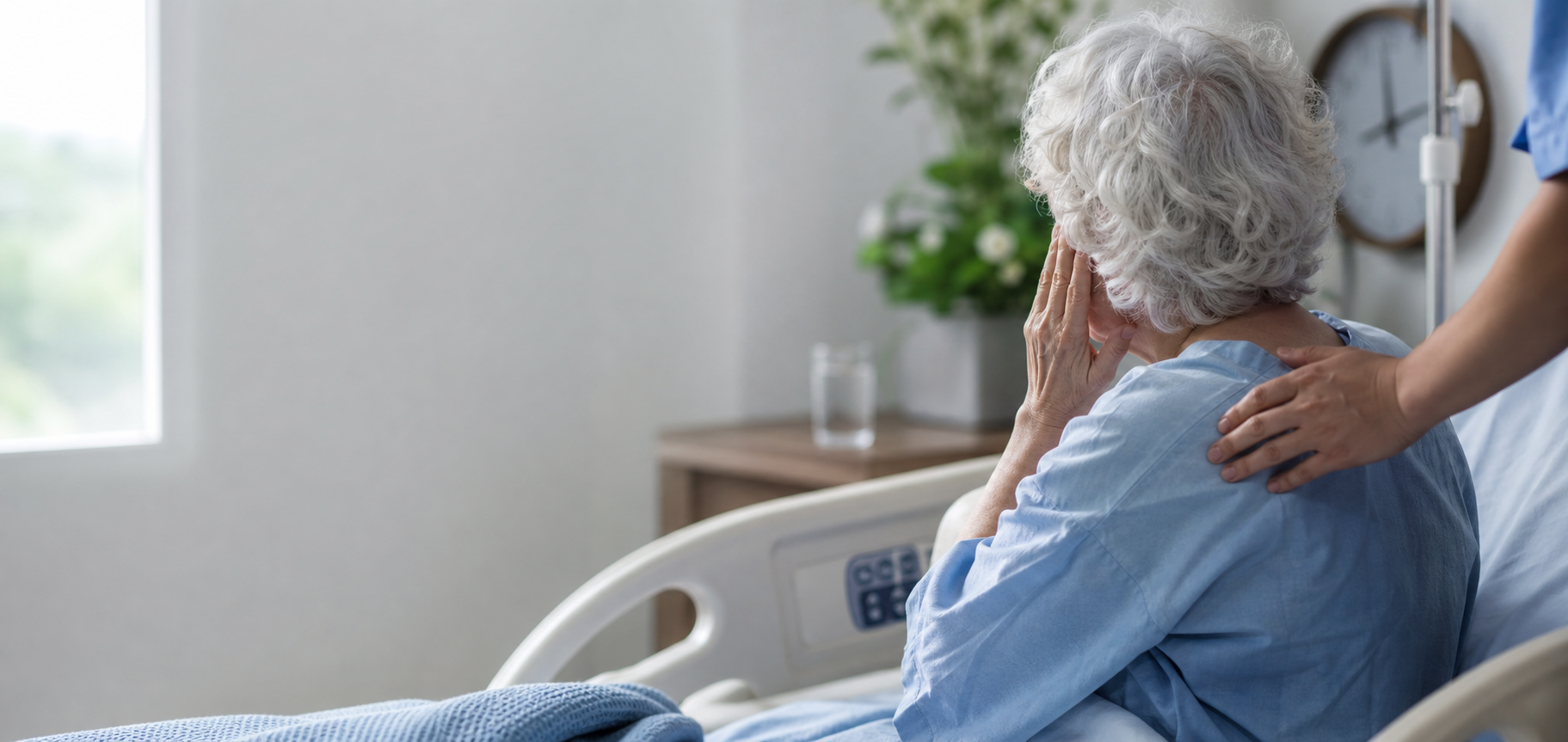 Older hospital patient being reassured by a clinician