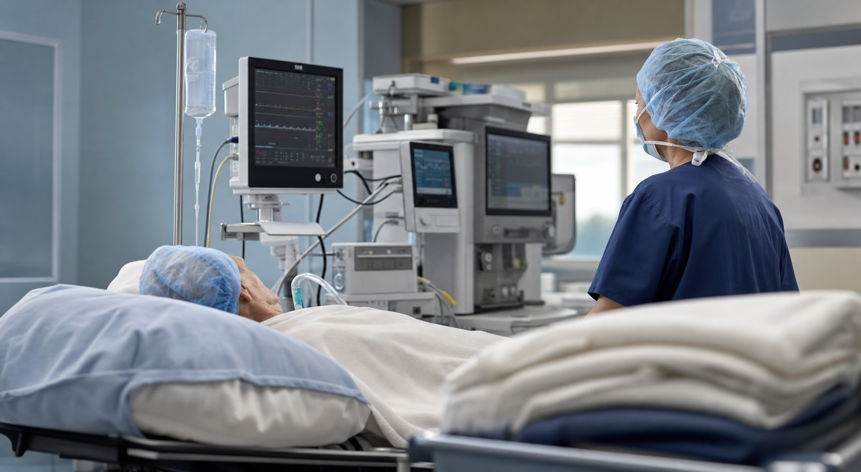 Postoperative recovery room with patient under observation